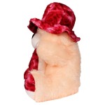 Giant 4.5 feet teddy bear wearing rose fur cap in sitting position